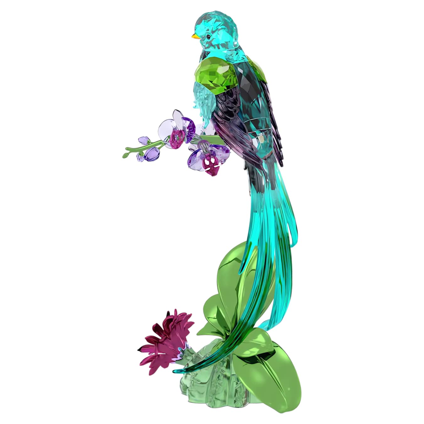 Colorful glass bird sculpture on a branch with flowers on a white background
