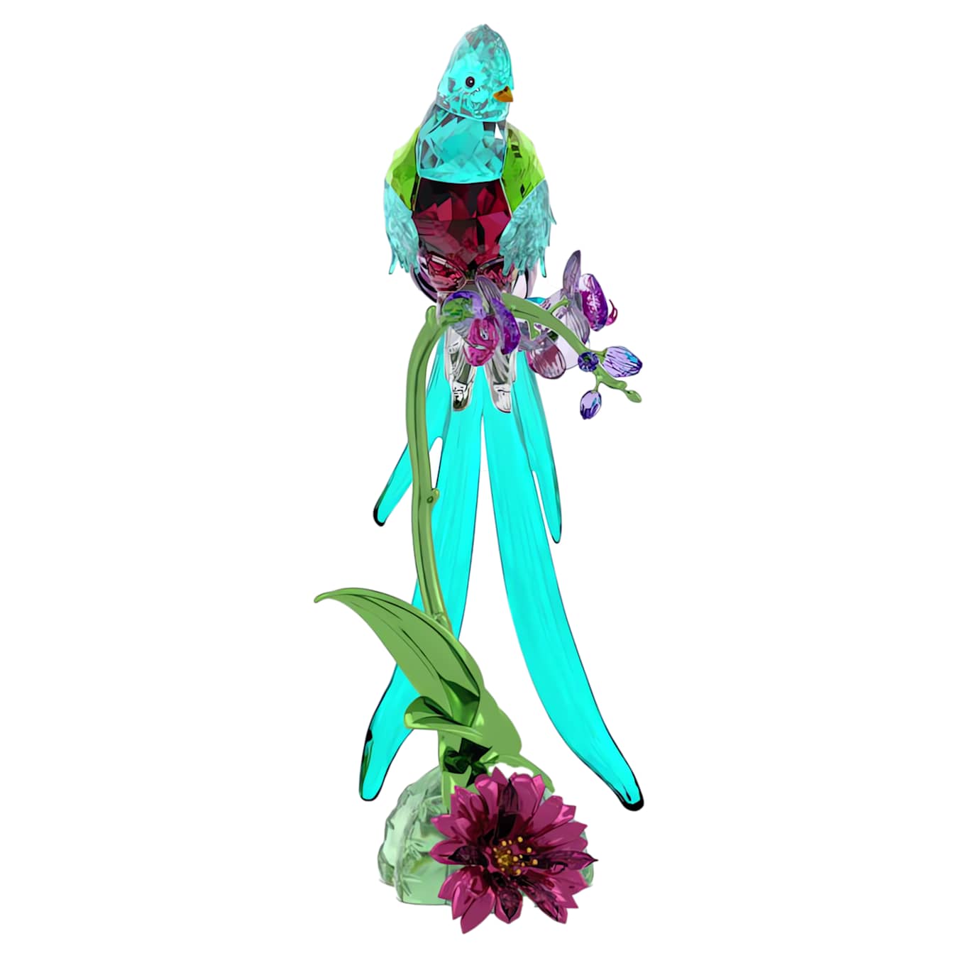 Colorful glass sculpture of a quetzal on a branch with flowers and leaves on a white background