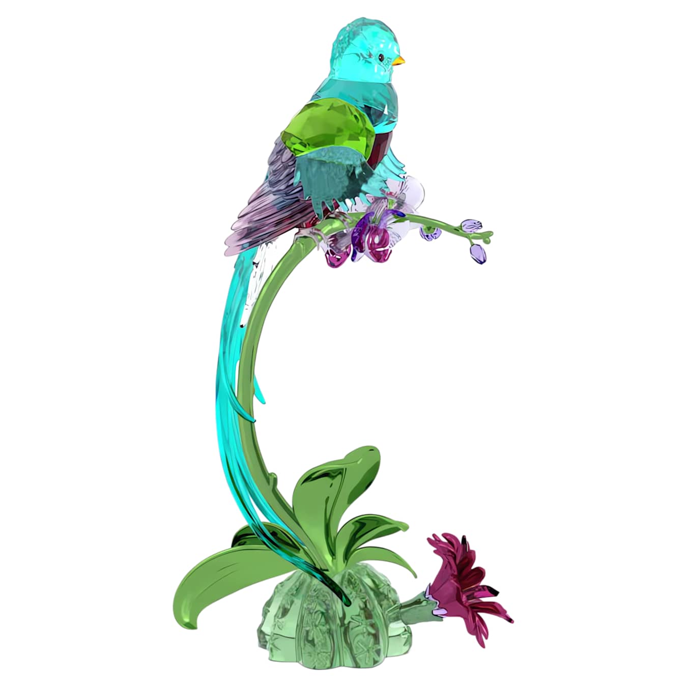 Colorful glass bird figurine on a branch with flowers on a white background