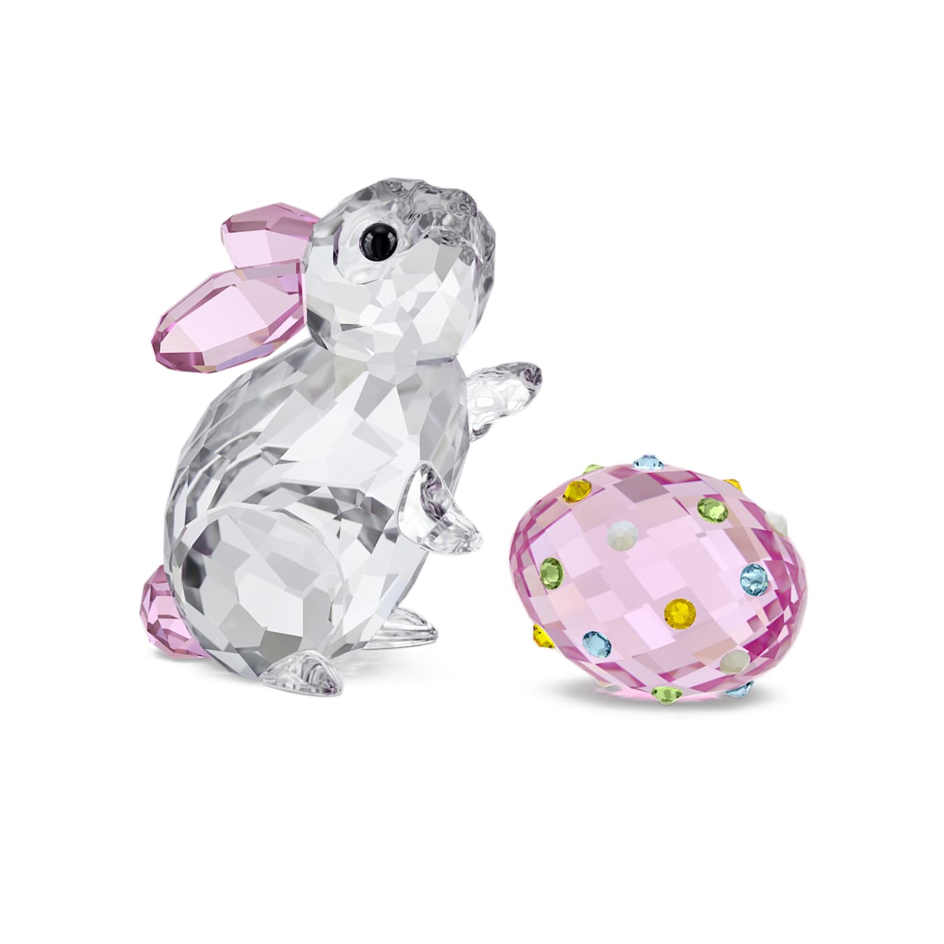 Crystal rabbit figurine with pink embellishments and a matching egg on a white background