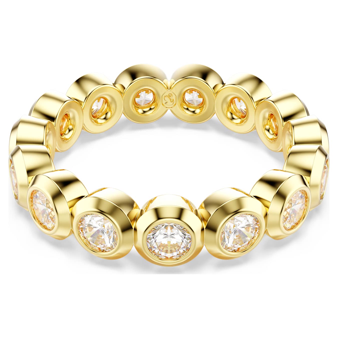 Gold ring with embedded diamonds on a white background
