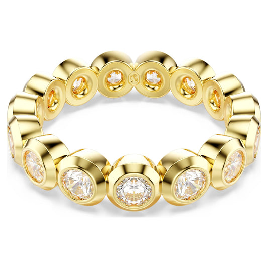 Gold ring with embedded diamonds on a white background