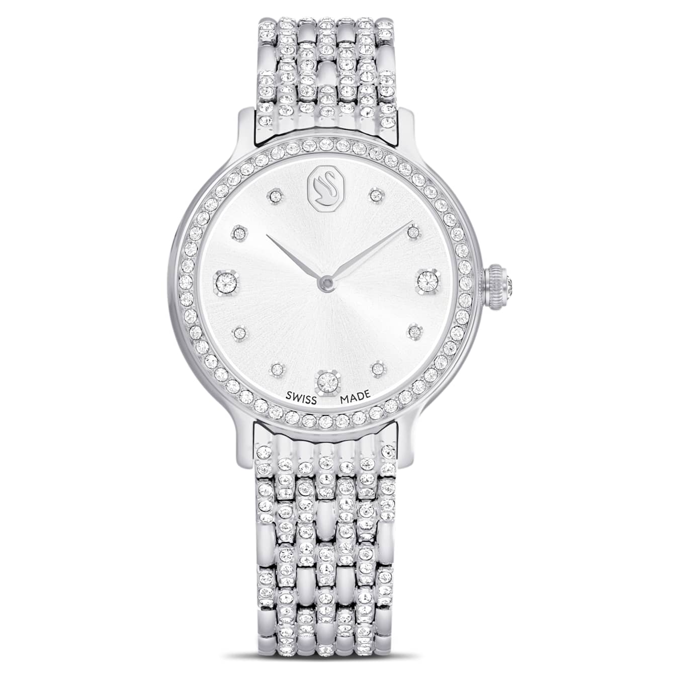 Swiss made metal bracelet silver tone stainless steel swarovski on white background