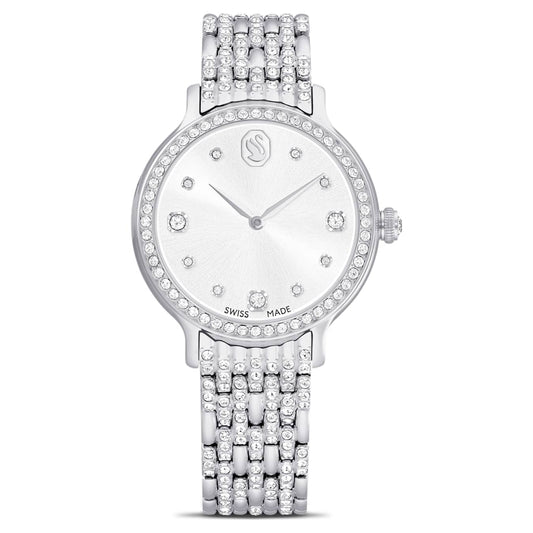 Swiss made metal bracelet silver tone stainless steel swarovski on white background