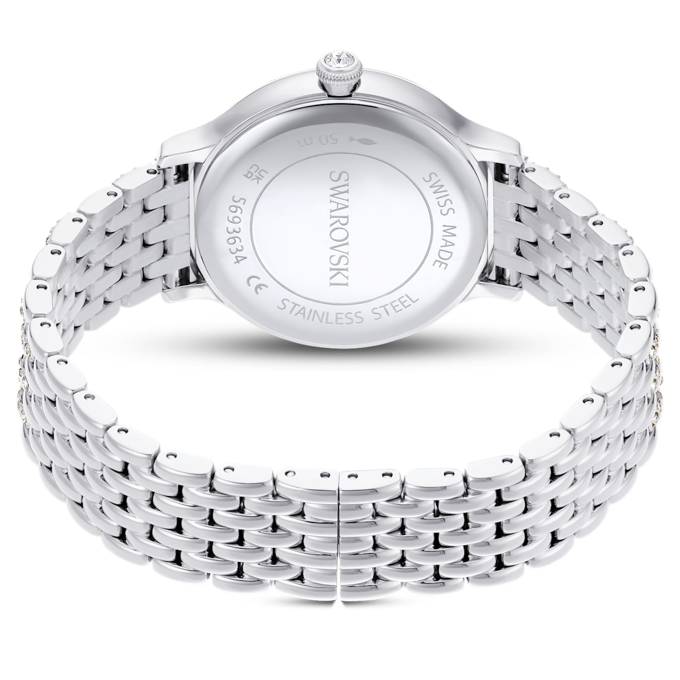 Swiss made metal bracelet silver tone stainless steel swarovski showing a caseback.