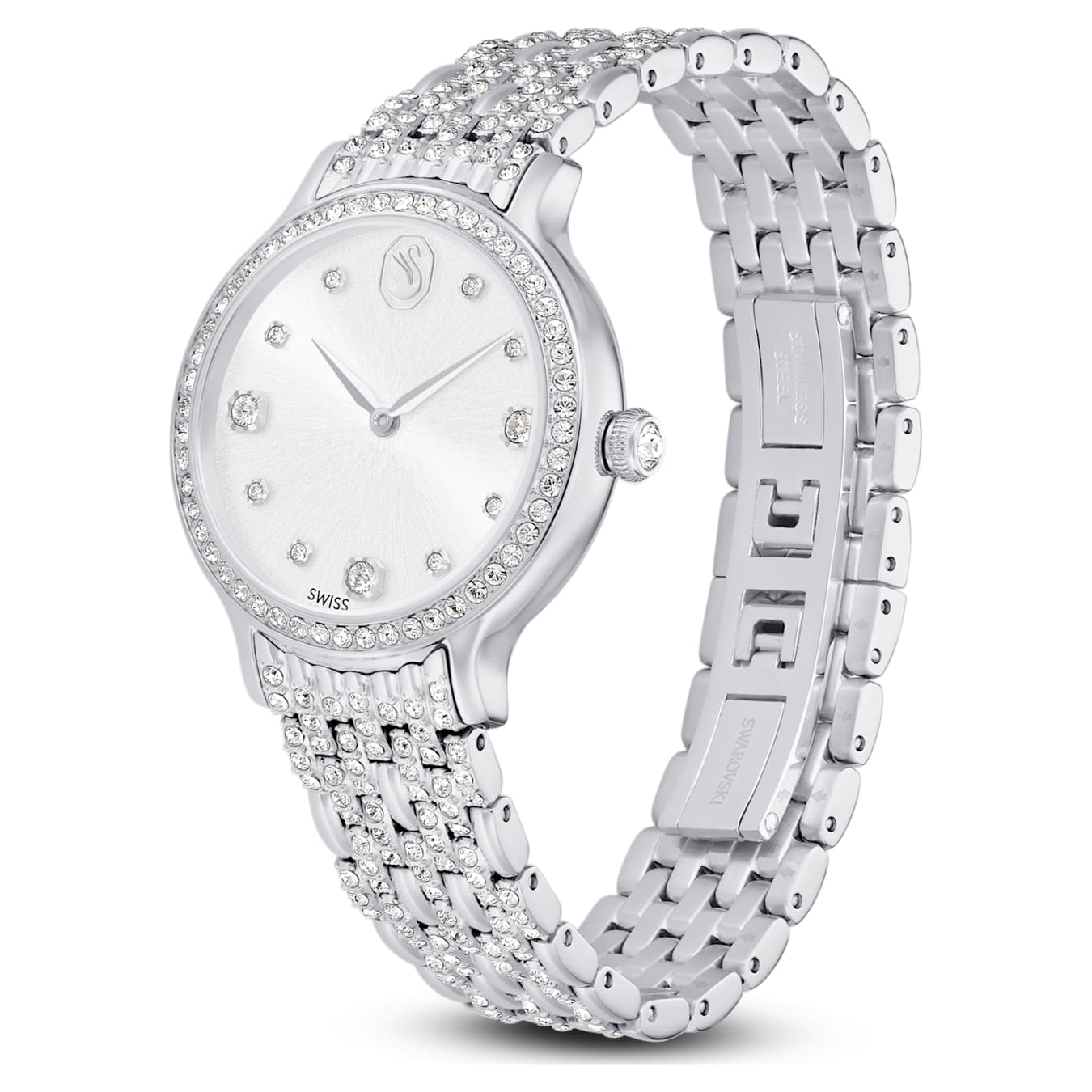 Swiss made metal bracelet silver tone stainless steel swarovski on white background