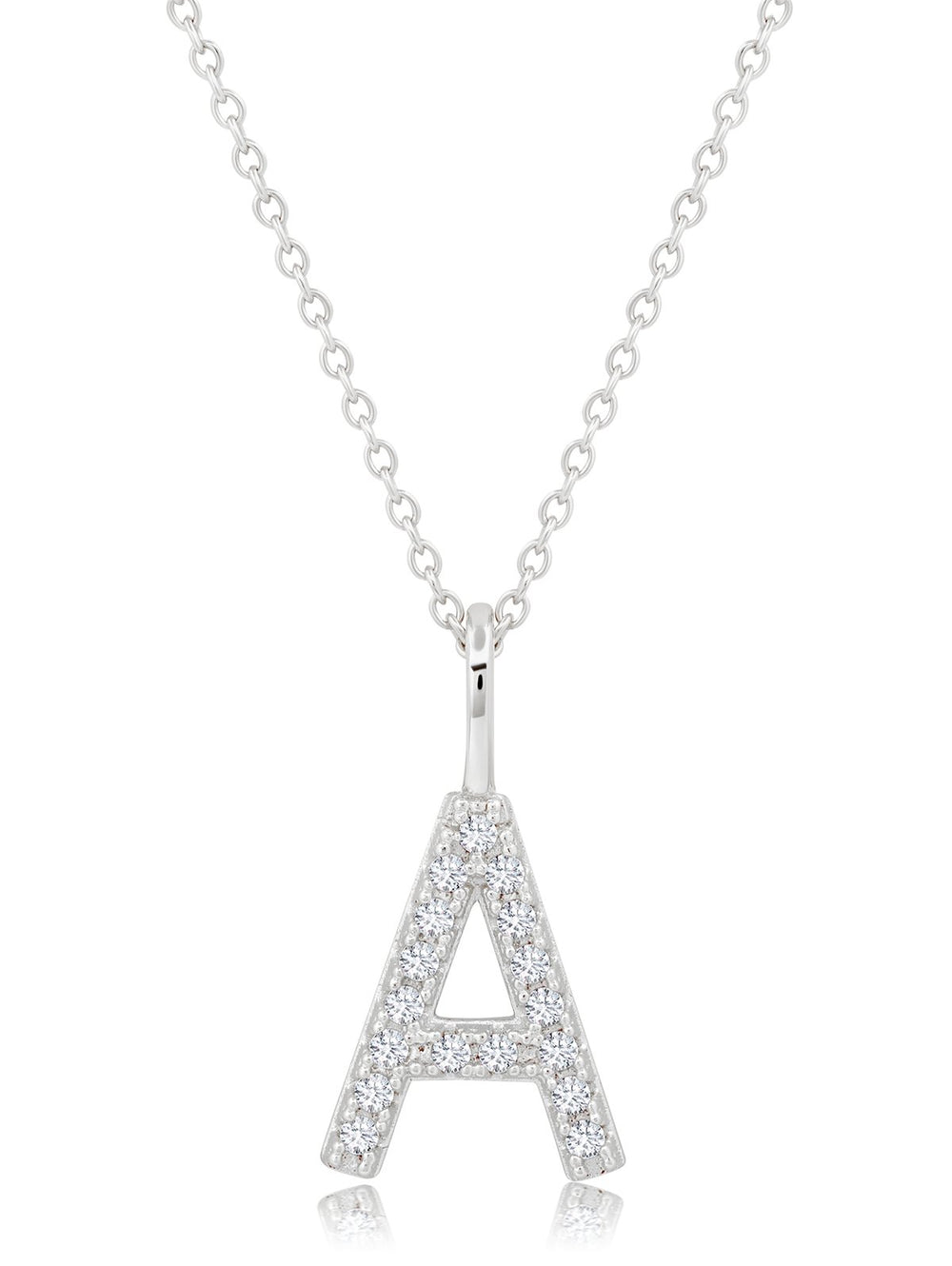 Silver necklace with 'A' pendant on white background
