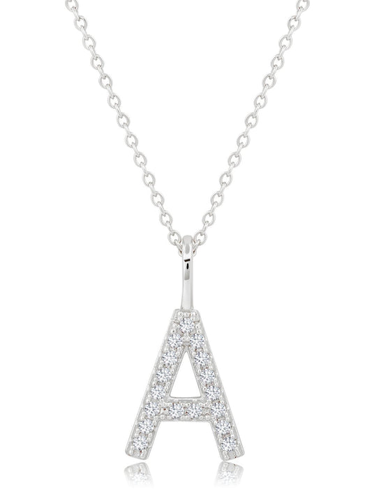 Silver necklace with 'A' pendant on white background