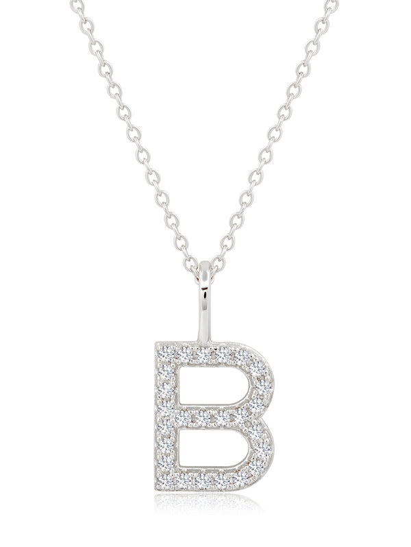 A pendant necklace with the initial 'B' in capital letters, set in a square frame, adorned with small round-cut stones.