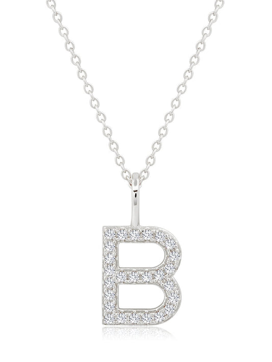 A pendant necklace with the initial 'B' in capital letters, set in a square frame, adorned with small round-cut stones.