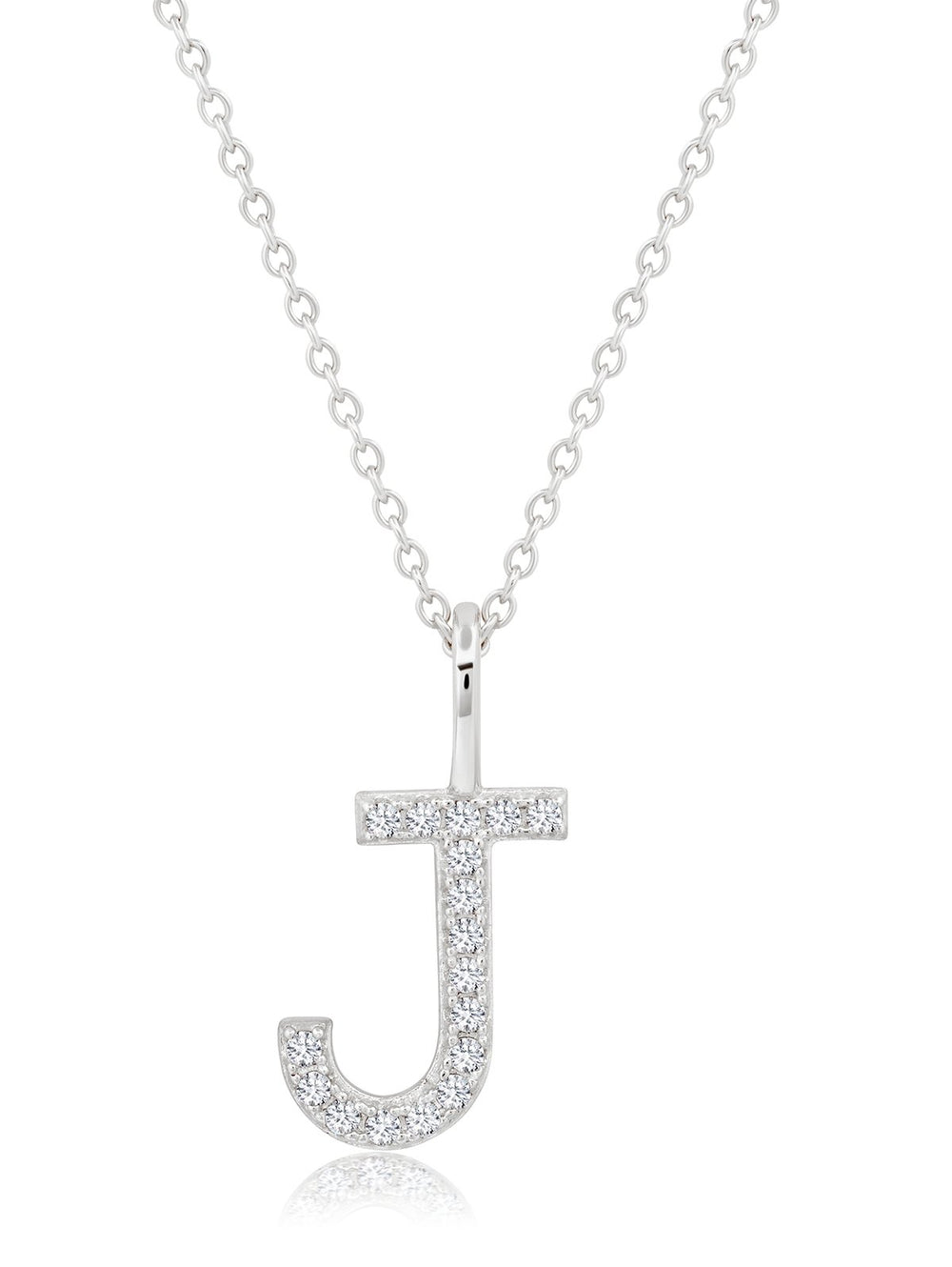 Silver necklace with 'J' pendant on white background