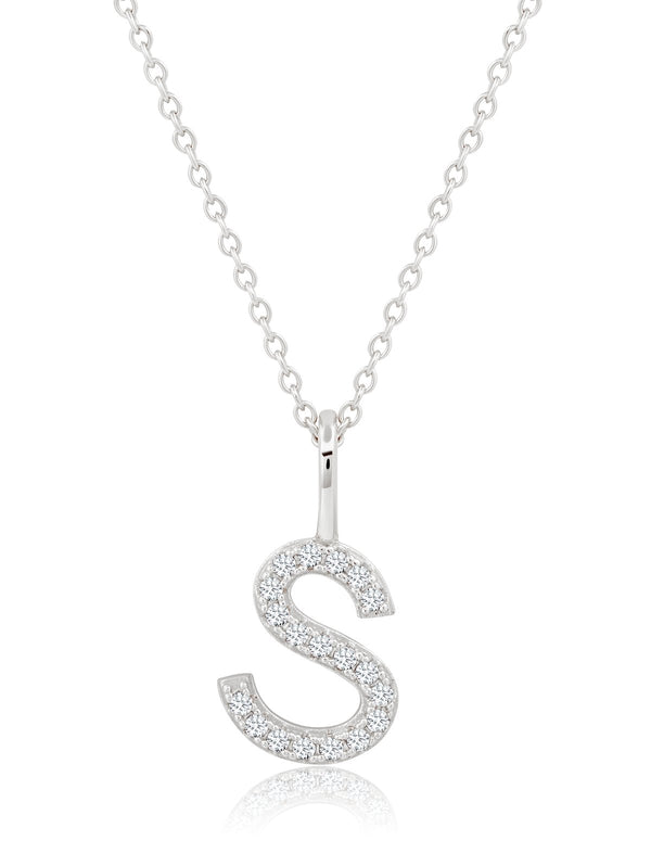 Initial Pendant Necklace Charm Letter S Finished in Pure Platinum 