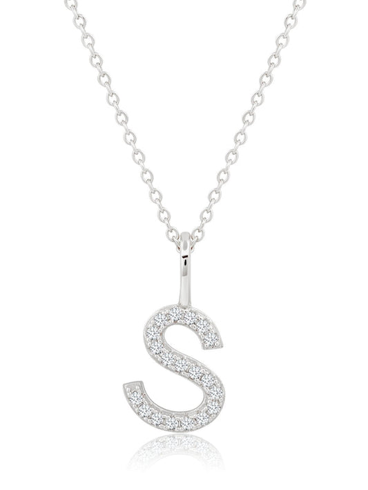 Initial Pendant Necklace Charm Letter S Finished in Pure Platinum 
