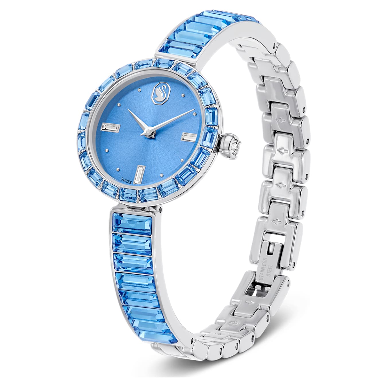 Silver watch with blue gemstone bracelet on a white background