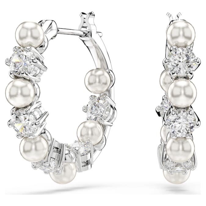 A pair of rhodium-plated Matrix drop earrings, featuring round cut crystal pearls and zirconia embellishments.
