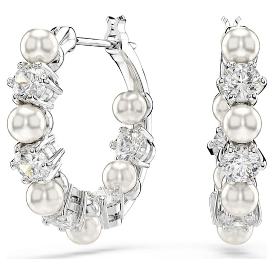 A pair of rhodium-plated Matrix drop earrings, featuring round cut crystal pearls and zirconia embellishments.