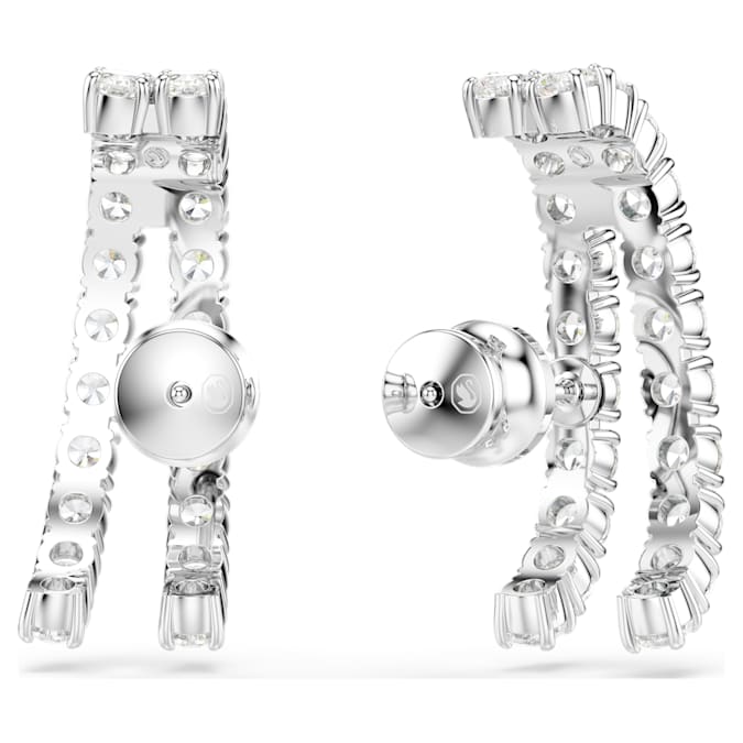 A pair of rhodium-plated ear cuffs adorned with round-cut white zirconia, designed for pierced ears on backview.