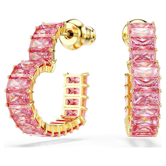 Matrix hoop earrings Baguette cut, Heart, Small, Pink, Gold-tone plated 5706340