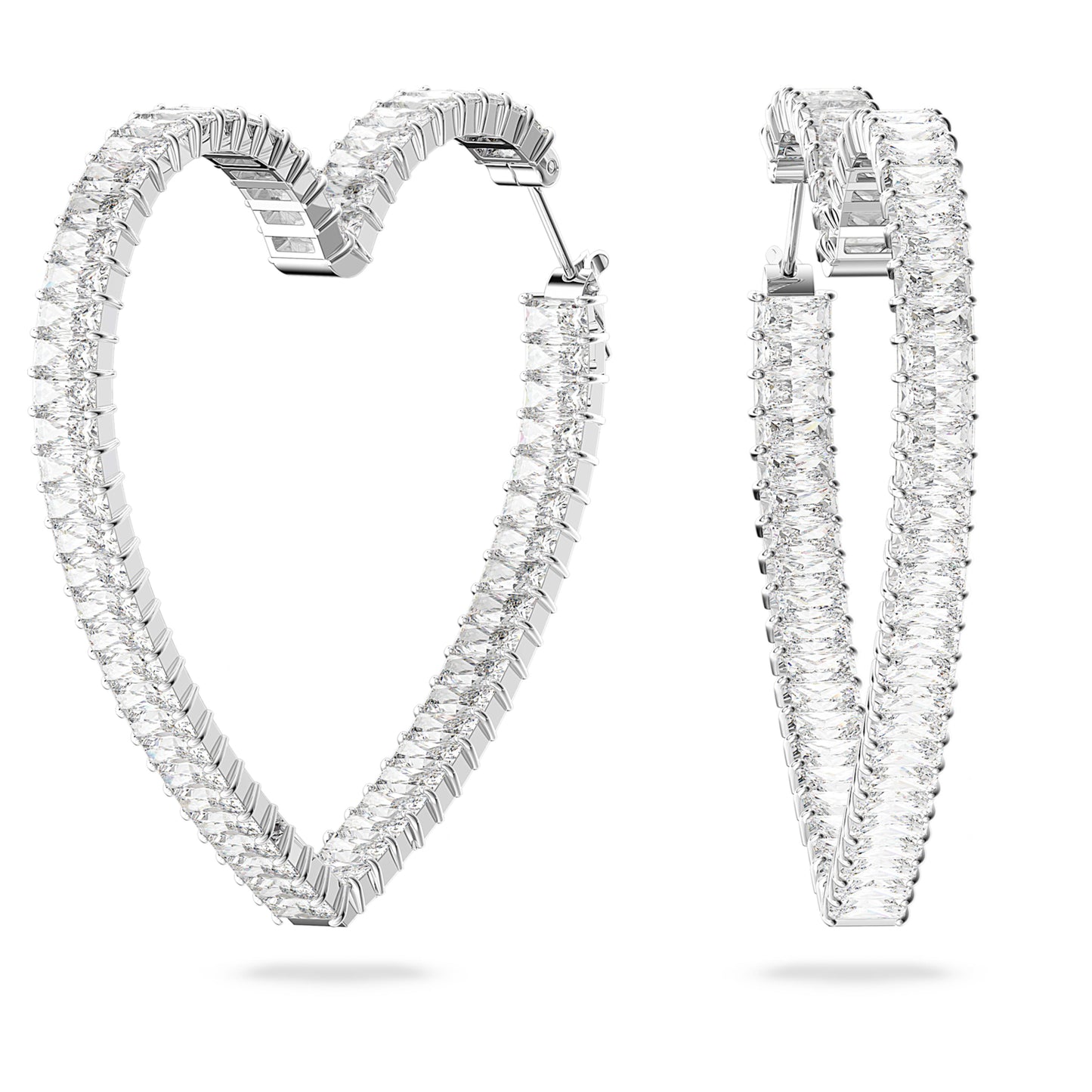 Heart-shaped crystal hoop earrings on a white background