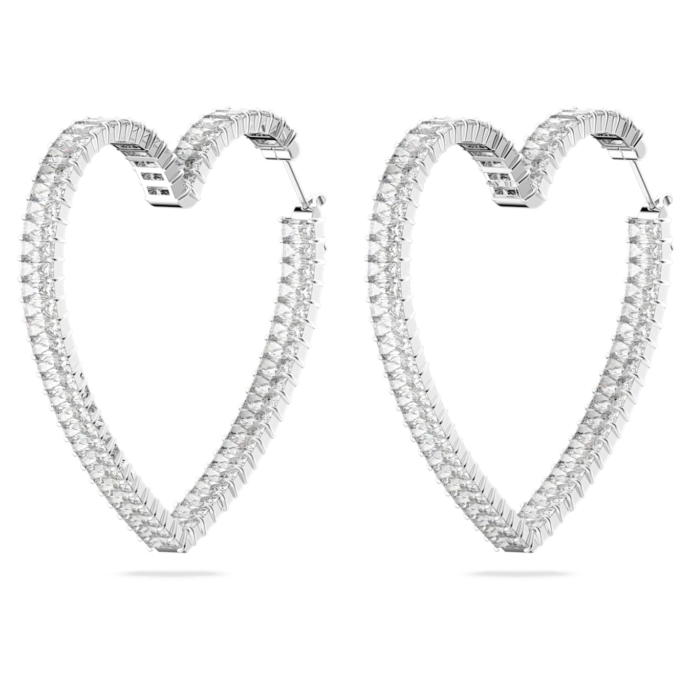 A pair of silver heart-shaped hoop earrings paved with small clear stones, shown on a plain white background.