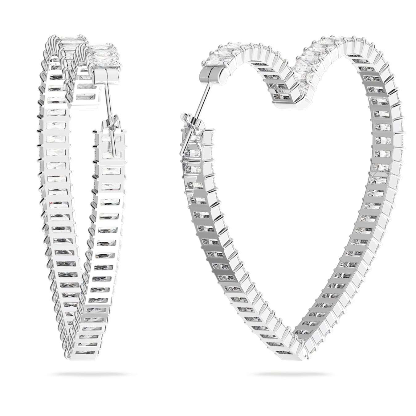 Heart-shaped silver hoop earrings with clear crystal on a white background