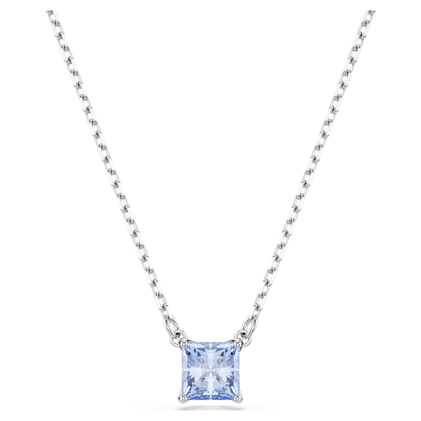 A blue square-cut rhodium plated pendant on a chain, featuring a Swarovski Zirconia.