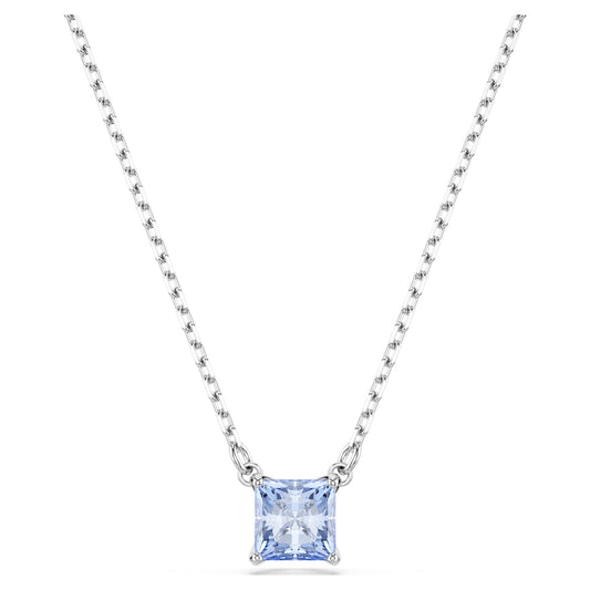 A blue square-cut rhodium plated pendant on a chain, featuring a Swarovski Zirconia.