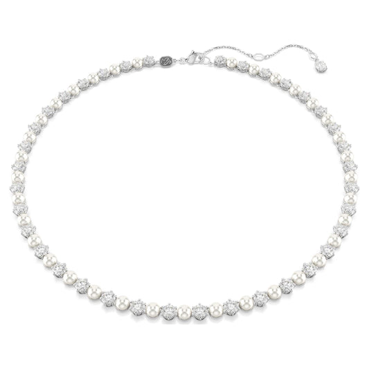 A rhodium plated tennis necklace with white Swarovski crystals and pearls, featuring a lobster clasp.