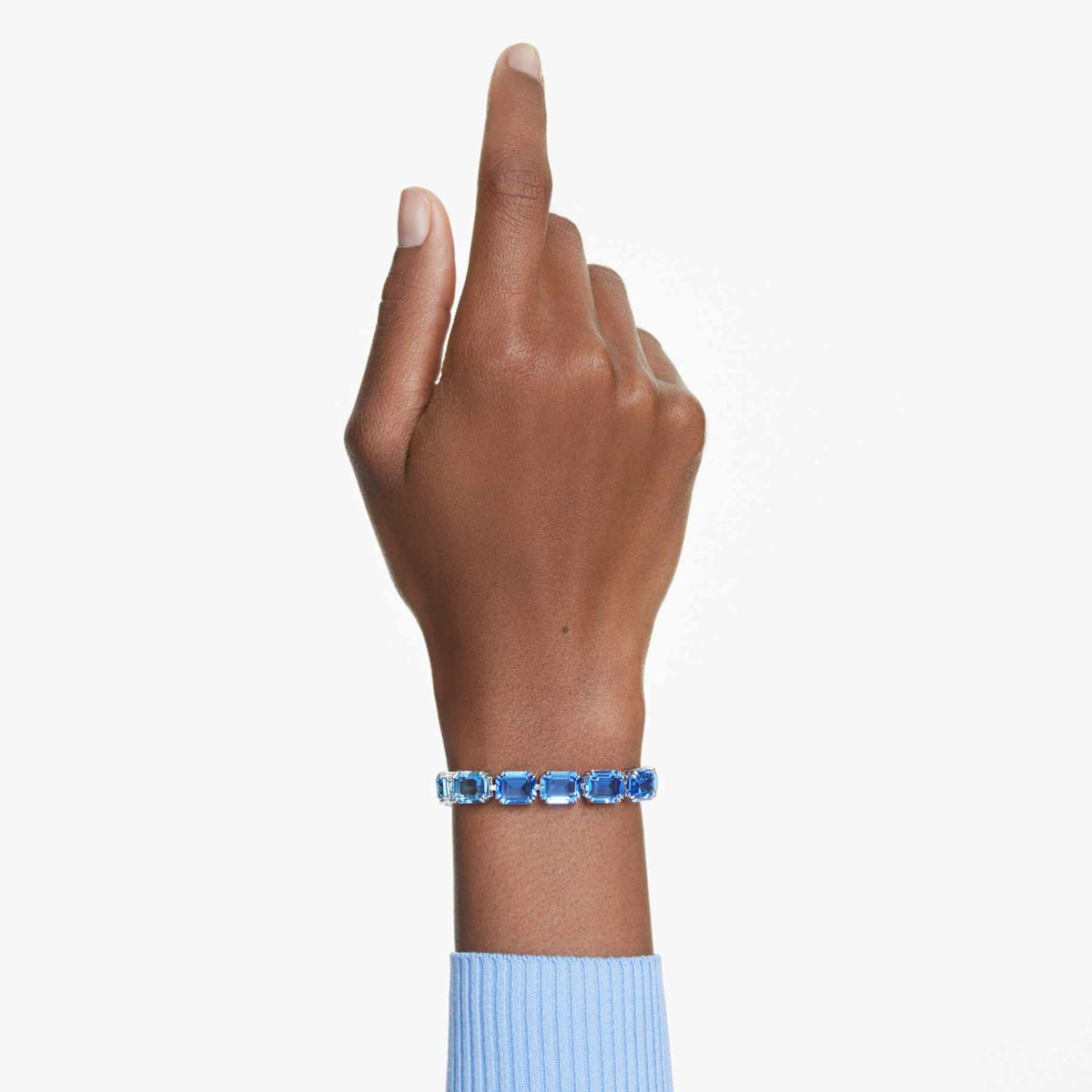Millenia bracelet, Octagon cut, Color gradient, Blue, Rhodium plated on wrist.