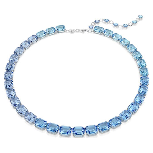 A blue-colored gradient necklace with octagon cut stones, rhodium plated.