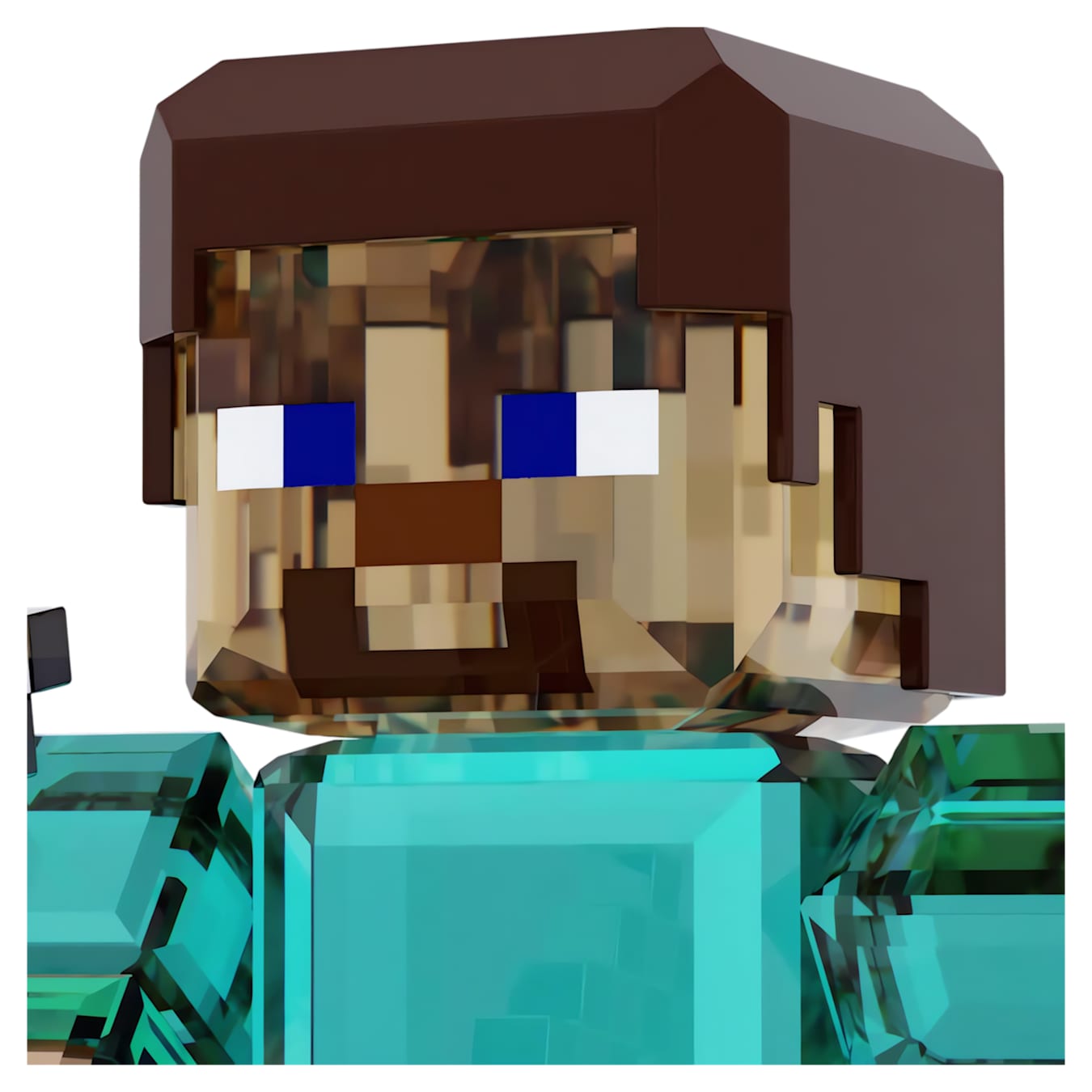 Minecraft Steve character with brown hair and blue eyes, on a turquoise block.