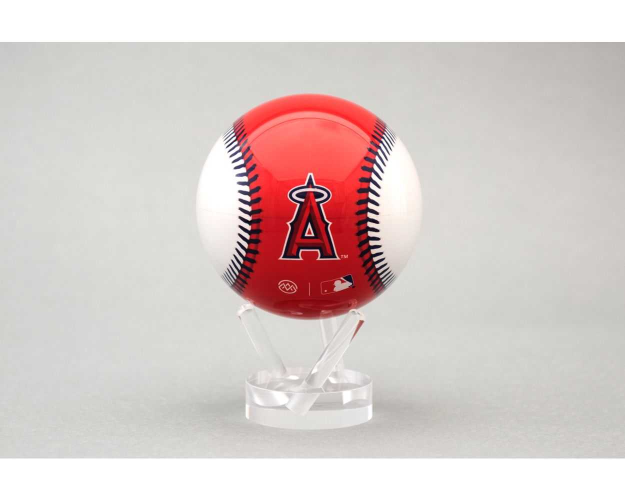 A 4.5 inch MLB Angels MOVA Globe featuring a baseball with the Los Angeles Angels team branding, displayed on a clear stand.