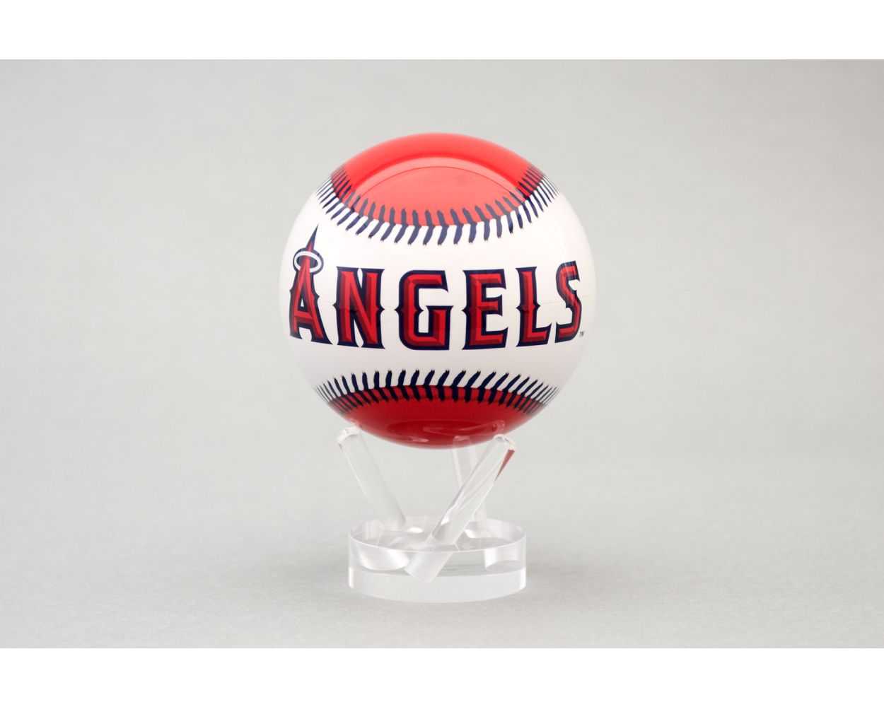 A 4.5 inch MLB Angels MOVA Globe featuring a baseball with the Los Angeles Angels team branding, displayed on a clear stand.