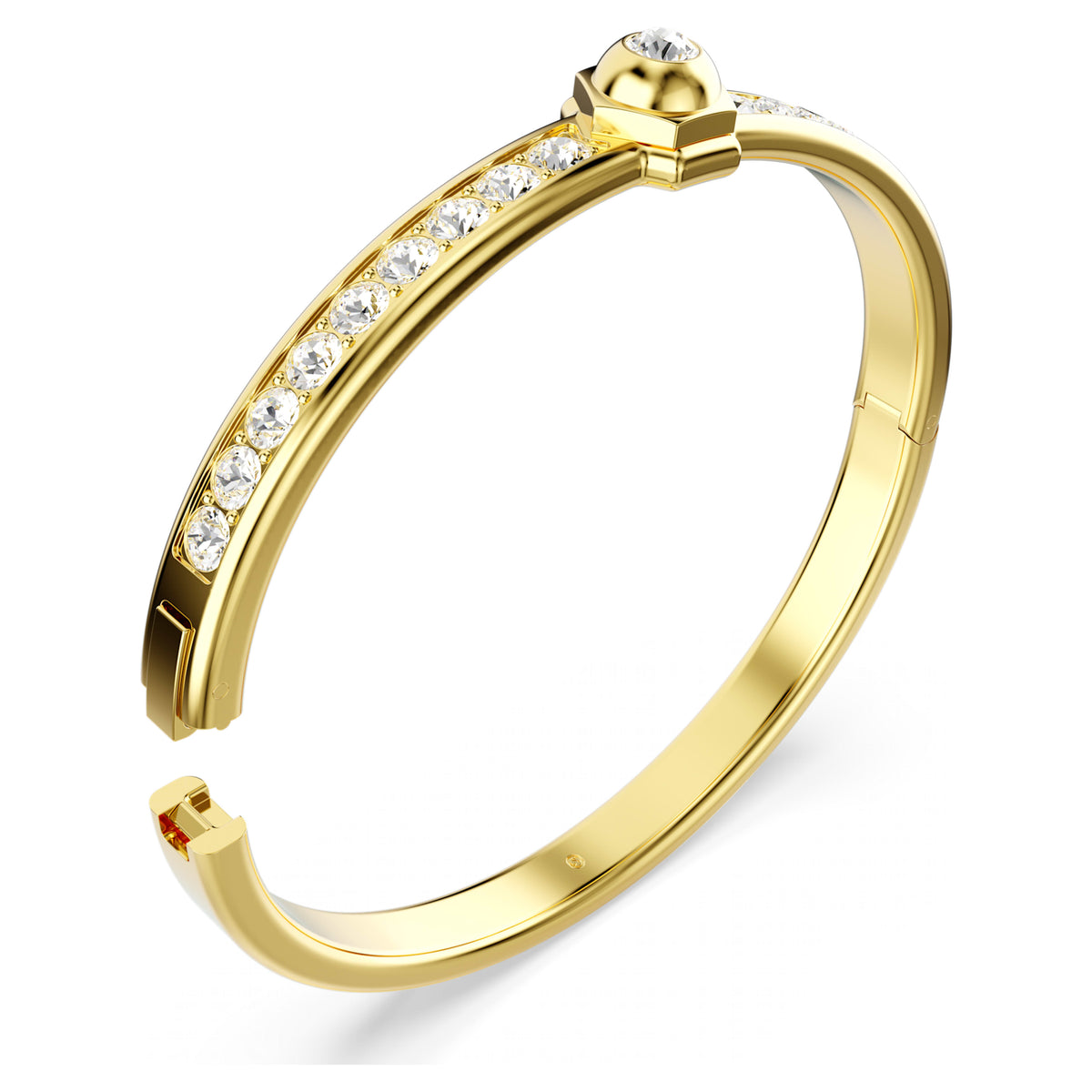 Gold bracelet with clear gemstones on a white background