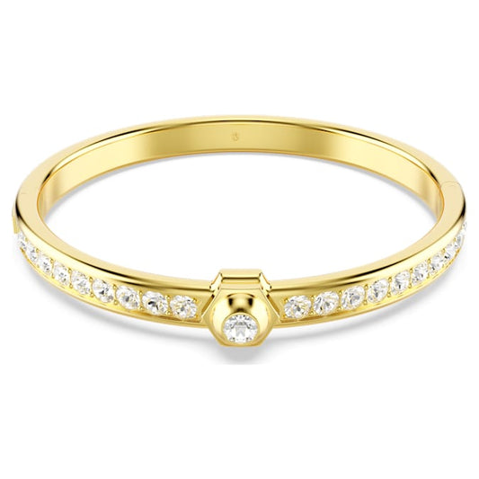 A gold-tone plated bangle bracelet with round cut white crystals set around its circumference, featuring a larger crystal in the center.