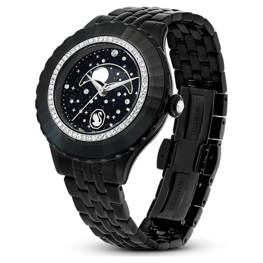 A black Octea Moon watch with a metallic bracelet and a black finish, featuring a black dial decorated with crystals, a moon phase function, and a swan logo at 6 o'clock.