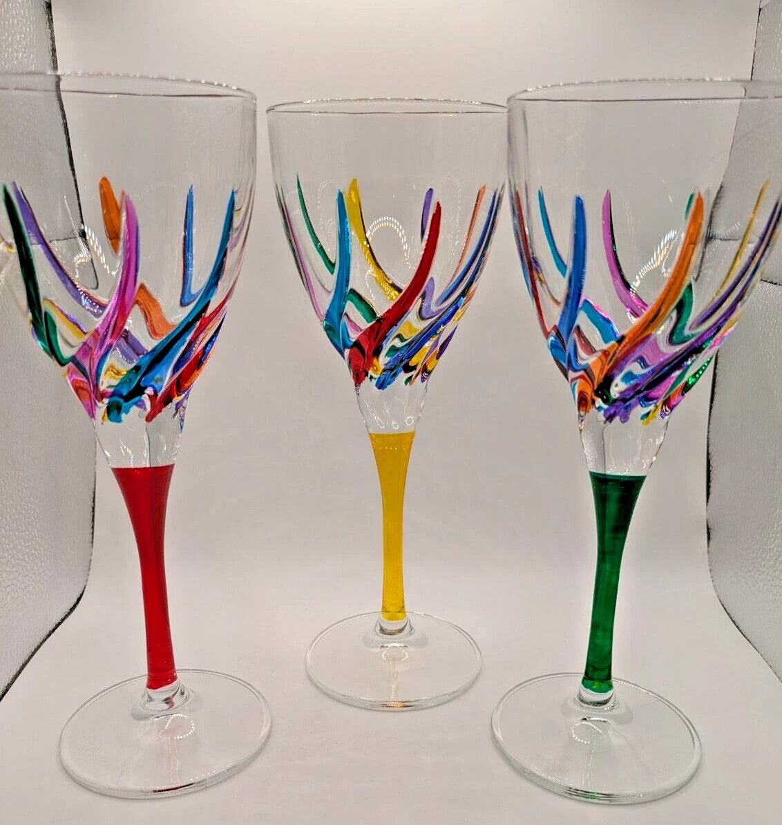 Wine Glass Set of 6 CC ZECCHIN MURANO, Rainbow Swirl Pattern 8-1/8