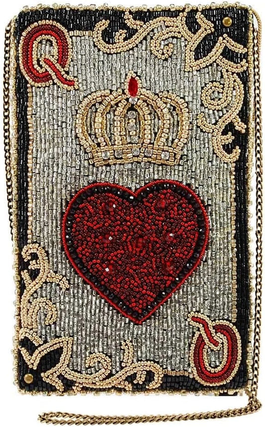 A beaded crossbody phone bag with a design resembling the Queen of Hearts playing card, featuring a prominent red heart and a gold crown.