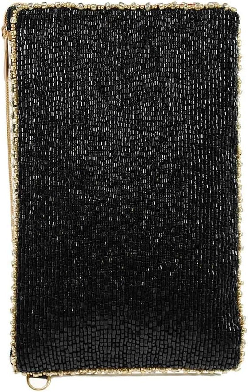 Black beaded clutch with gold trim on a plain background