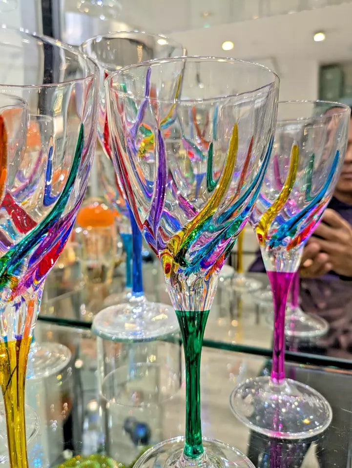 CC ZECCHIN MURANO Wine Glass, Rainbow Swirl Pattern 8-1/8” Tall, Green Stem