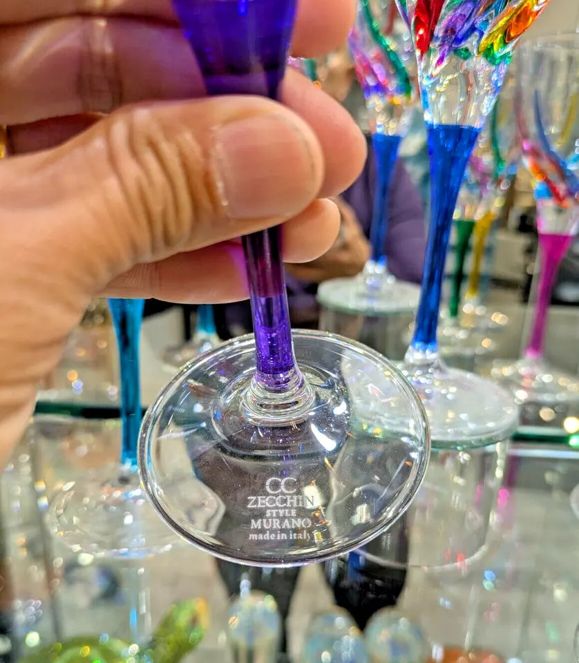 CC ZECCHIN MURANO Wine Glass, Rainbow Swirl Pattern 8-1/8” Tall Purple stem