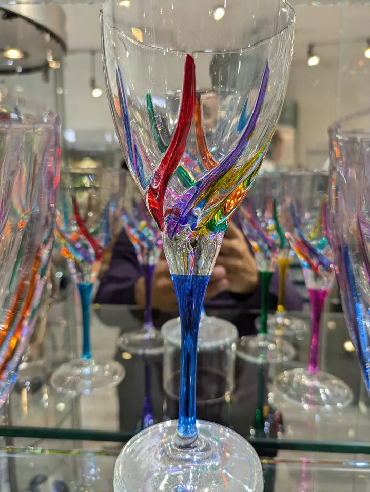 CC ZECCHIN MURANO Wine Glass, Rainbow Swirl Pattern 8-1/8” Tall, blue stem