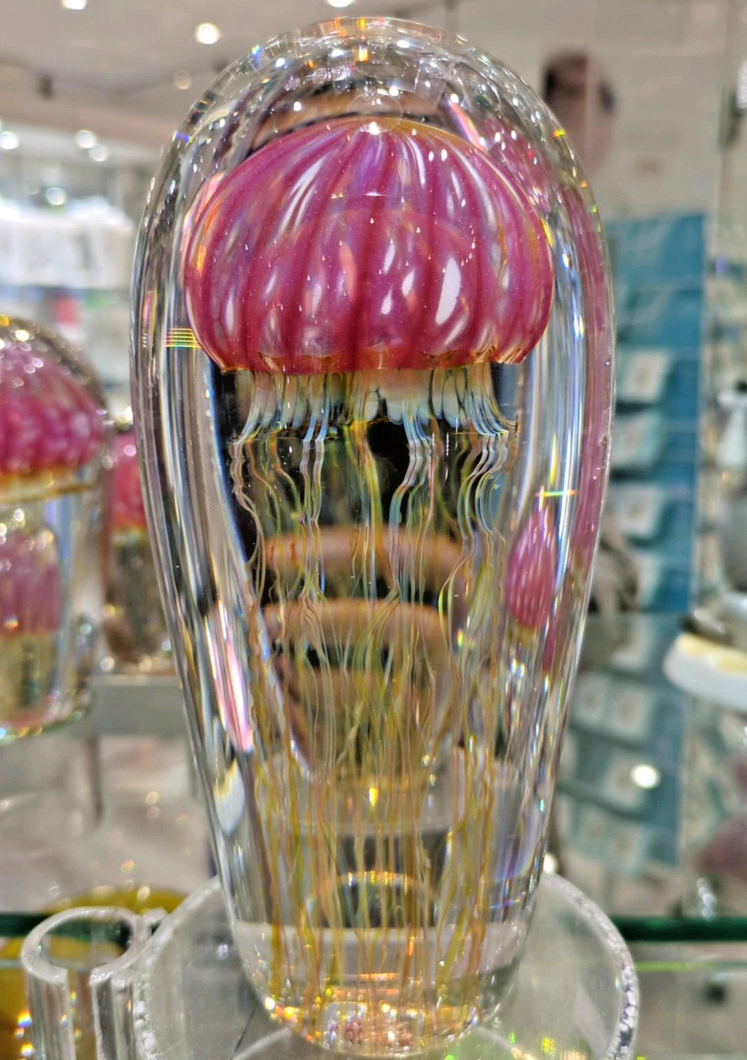 Decorative satava glass jellyfish sculpture with ruby top and clear body in a store setting