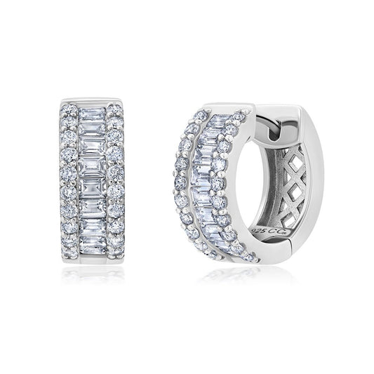 A pair of round earrings with a 3-row brilliant design and square baguette centers, adorned with cubic zirconia.