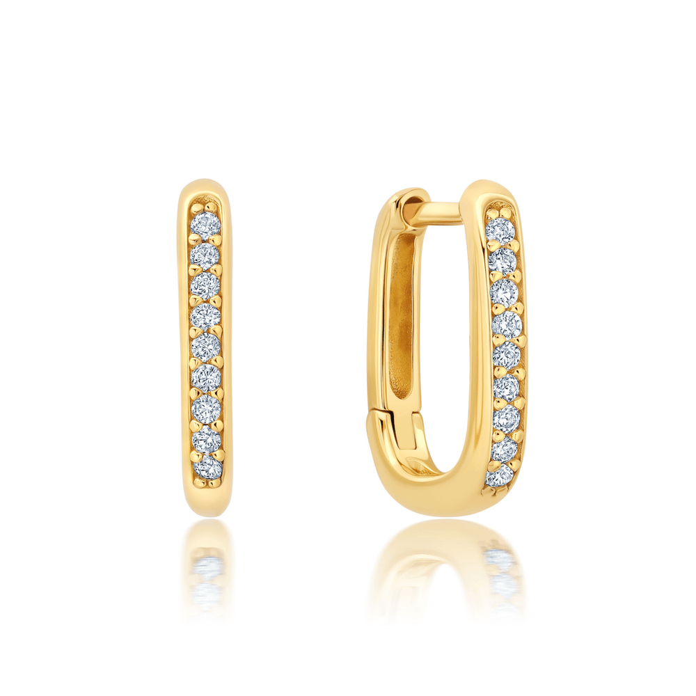 A pair of square huggie hoop earrings with cubic zirconia set in 18kt yellow gold.