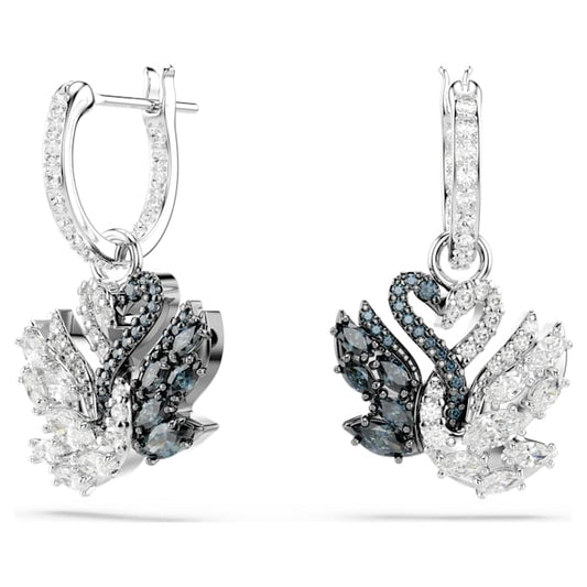 A pair of rhodium-plated Swarovski earrings featuring intertwined swans with black and white zirconia, round and marquise cuts.