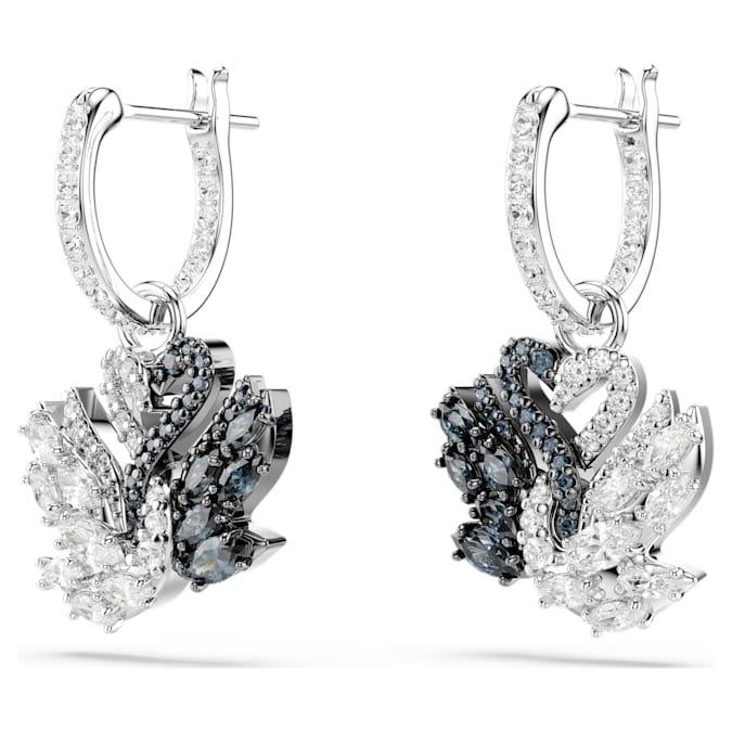 A pair of rhodium-plated Swarovski earrings featuring intertwined swans with black and white zirconia, round and marquise cuts.