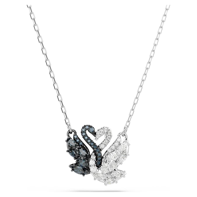 A rhodium-plated Swarovski swan pendant with black and white zirconia, suspended from a chain.