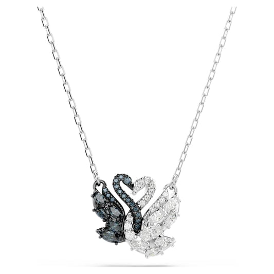 A rhodium-plated Swarovski swan pendant with black and white zirconia, suspended from a chain.