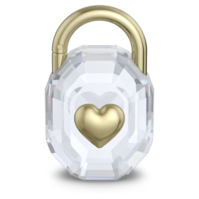A clear crystal padlock with gold-tone metal heart and clasp.